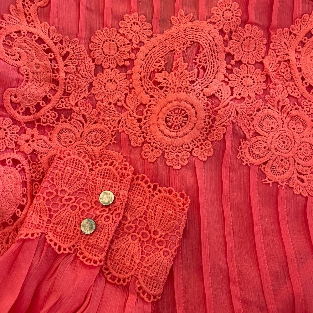 NWT Trish Scully Womens Size 2‎ Dress Coral Lace High Neck Long Sleeve Boho - Picture 3 of 4